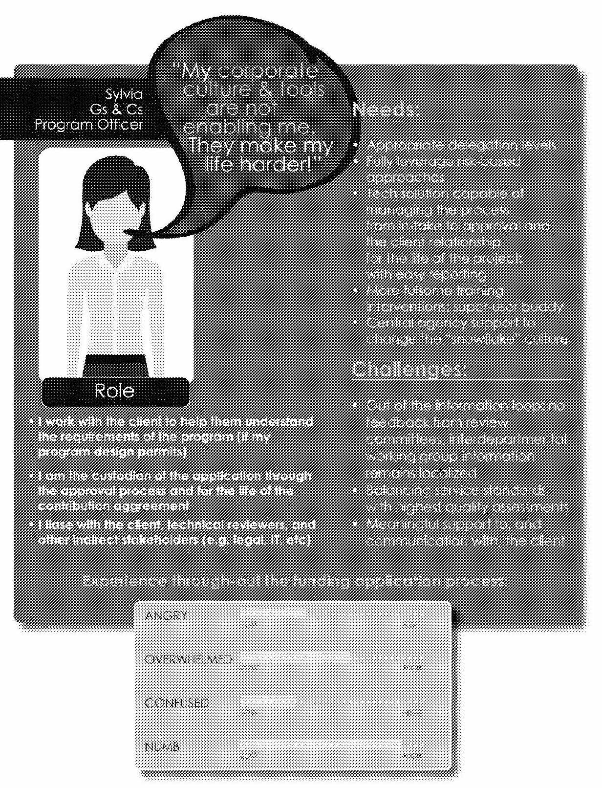 A persona of Sylvia, a Grants & Contributions program officer, saying “My corporate culture and tools are not enabling me. They make my life harder!” She needs appropriate delegation levels and being able to fully leverage risk-based approaches, and tech solutions capable of managing the process. Her challenges are that she is out of the information loop: no feedback from review committees or any of the other groups involved, and she cannot provide meaningful support to the client.